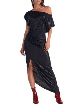 Elan Cap Sleeve High Slit Dress 
Off-Shoulder Black Ruched Maxi Dress